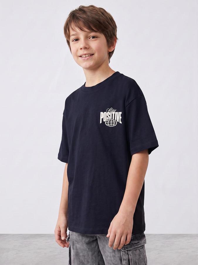 R&B Boys Navy Blue Graphic Back Print Short Sleeves Round Neck Pure Cotton T-Shirt