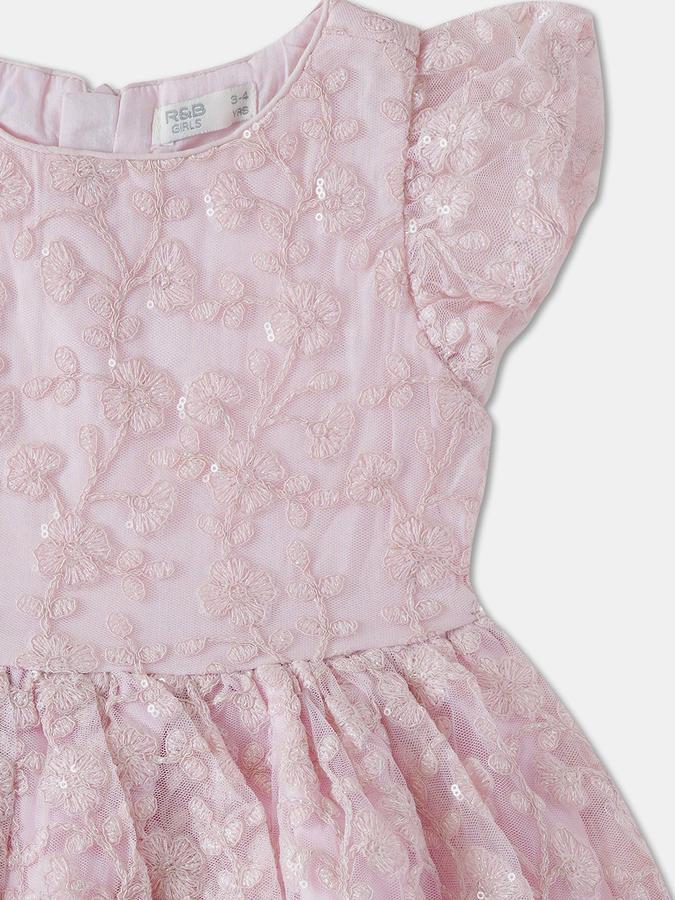 R&B Girls Pink Self Cap Sleeves Round Neck Knee Length Fit &amp; Flare Dress