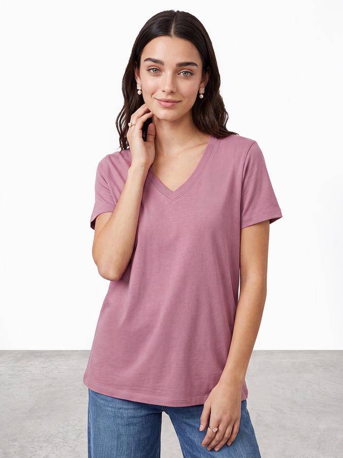 R&B Women Shell Pink Solid Short Sleeves V-Neck Tshirt