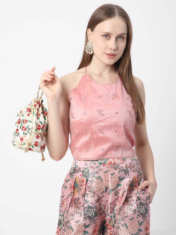 Women Shantoon Slub Regular Fit Halter Neck Embroidered Ethnic Top