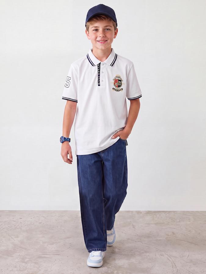 R&B Boys Beige Short sleeve Varsity Club Collegiate Badge Tipping Collar Pure Cotton T-Shirt