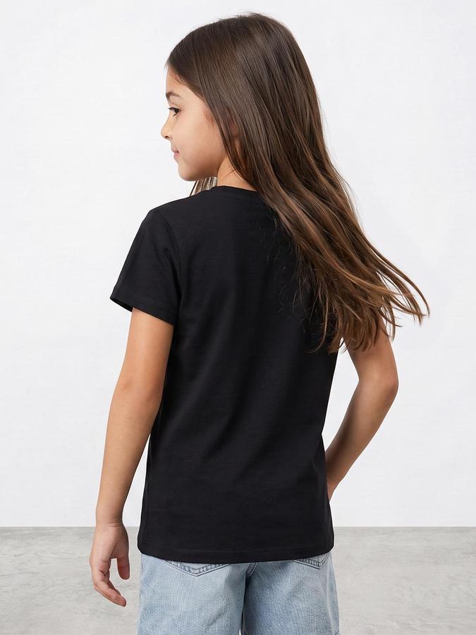 R&B Girls Black Floral Print Short Sleeves Round Neck Pure Cotton T-Shirt