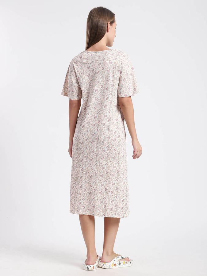 Women Cotton Regular Fit Round Neck Printed Night Shirt