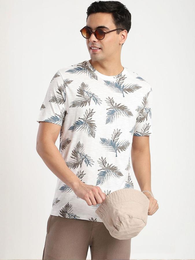 R&B Mens Ivory Floral Print Round Neck Short Sleeves T-shirt