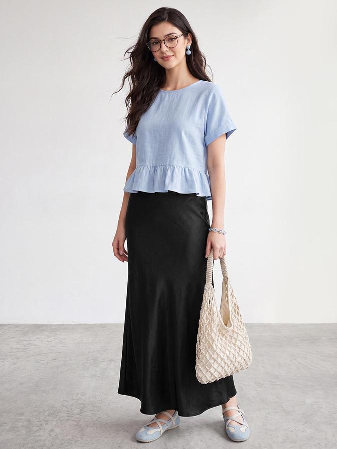 R&B Women's Black Solid Mid Rise A-Line Maxi Skirt