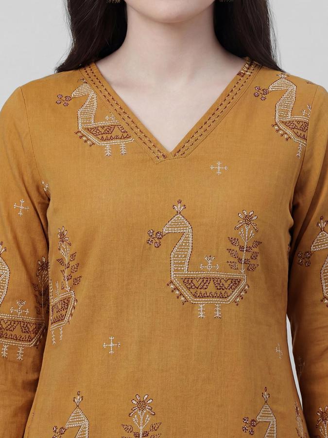 R&B Women Mustard Etnic Motifs Print V-Neck Knee Length Pure Cotton Ethnic Kurta