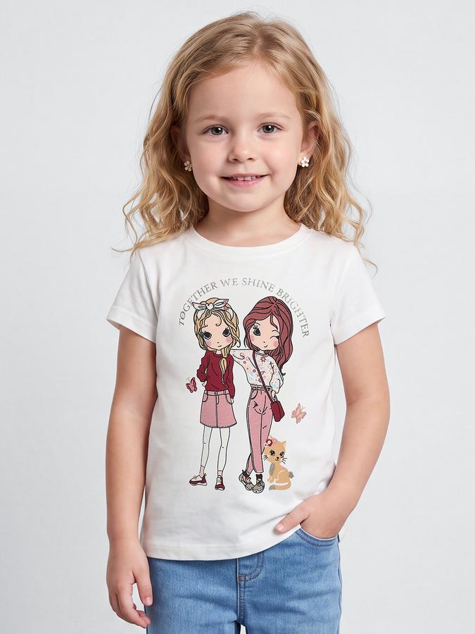 R&B Girls Ivory Kawaii Graphic Print  Short Sleeves Pure Cotton T-shirt