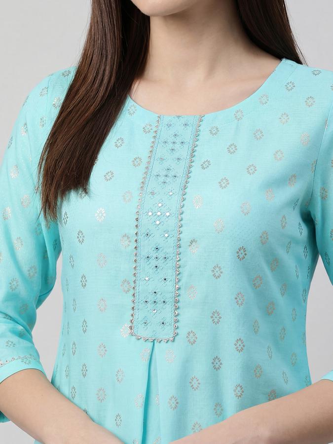 R&B Blue Printed Women Three-Quarter Sleeves Round Neck Kurta