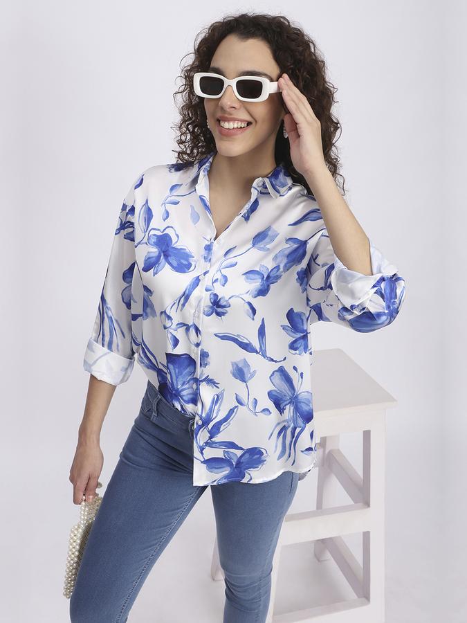 Women Polyester Relaxed Fit Shirt Collar Floral Top