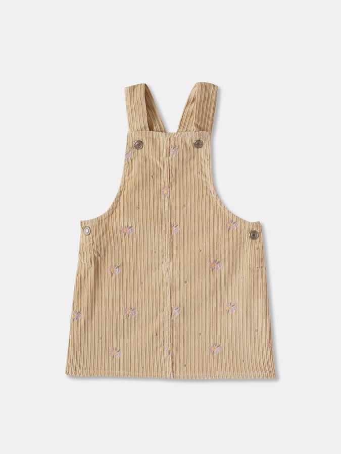 Girls Corduroy Embroidered Adjustable Straps Straight Hem Dungaree