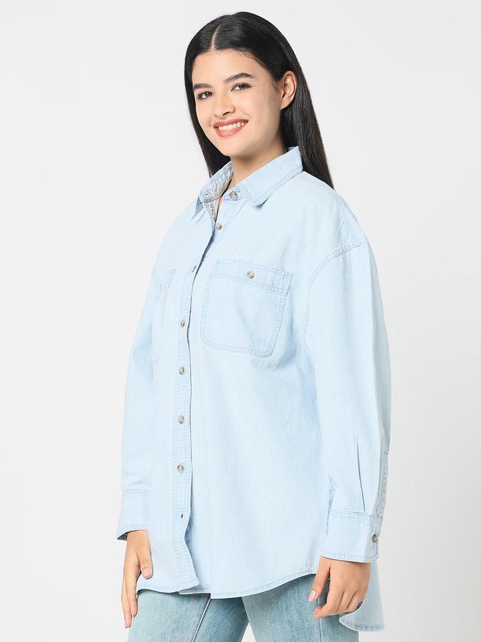 R&B Women Light Blue Wash Oversized Denim Shirt