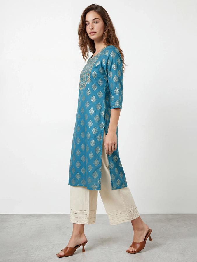 R&B Women's Teal Green Embroidered Viscose Round Neck Kurta