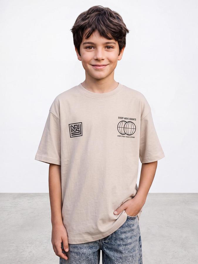 R&B Boys Beige Short Sleeve Round Neck Typography Graphic Print T-Shirt