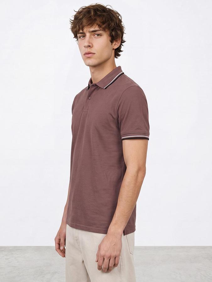 R&B Men Mauve Textured Short Sleeves Polo Collar T-Shirt