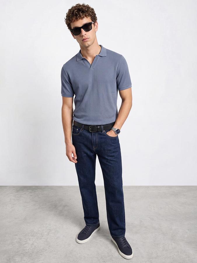 R&B Men Blue Textured Short Sleeves Polo Collar T-Shirt