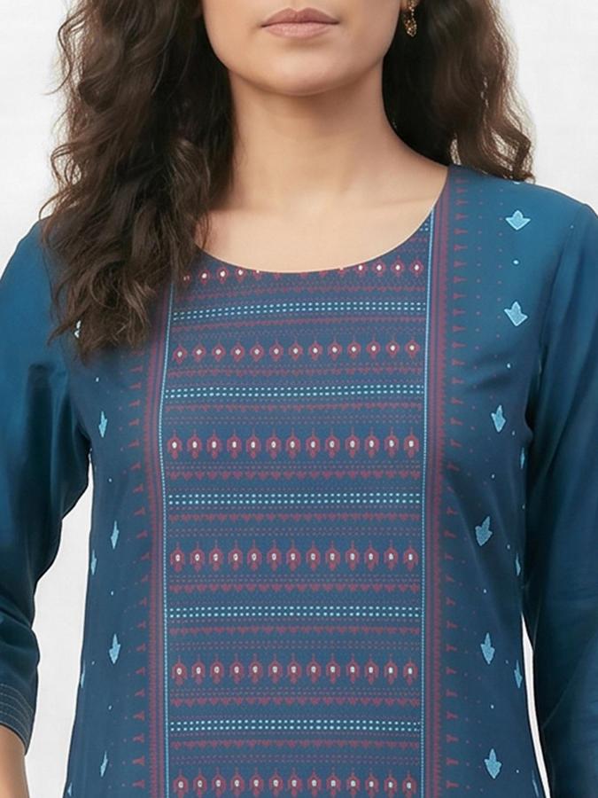 R&B Women Blue Printed Round Neck Three-Quarter Sleeves Calf Length Straight Kurta 