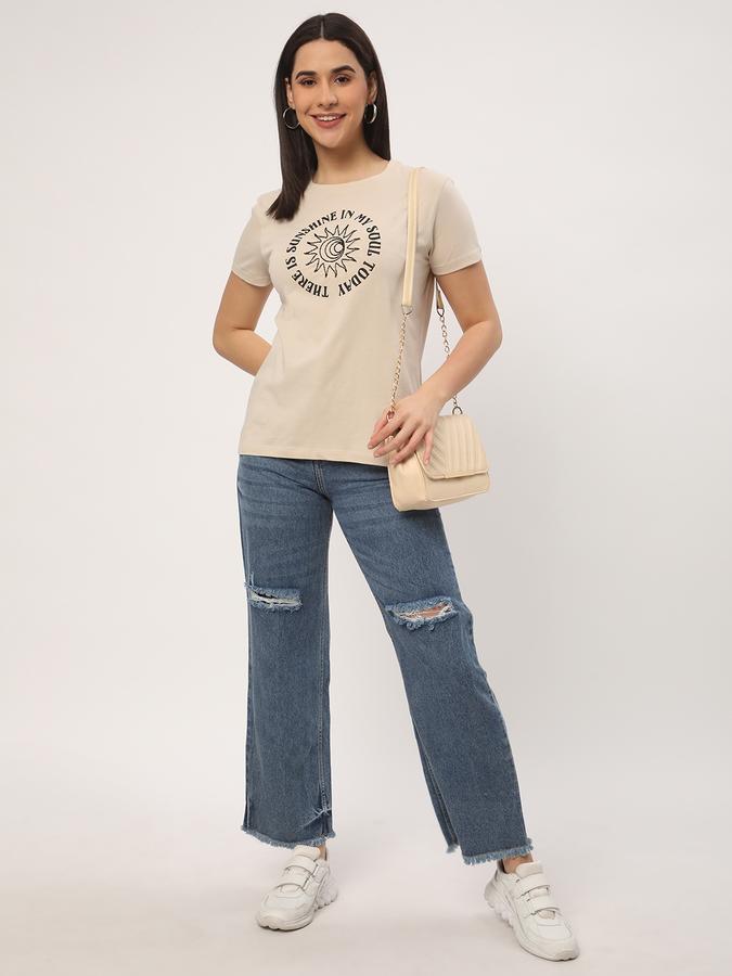 Women Typographic Print Regular Fit Round-Neck T-Shirt image number 1