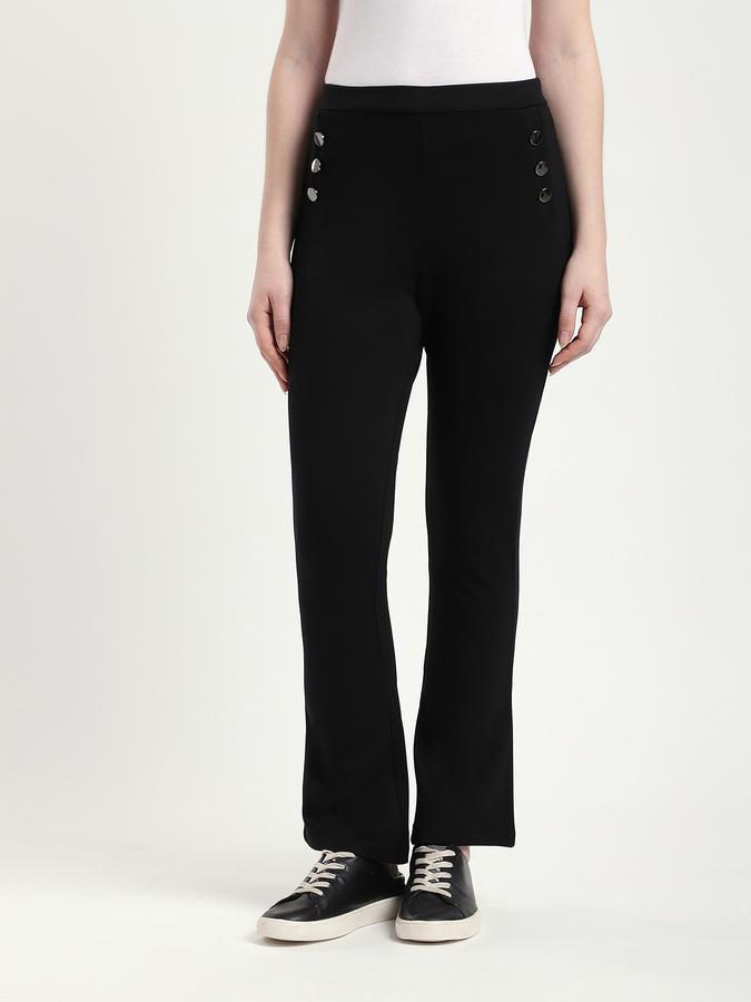R&B Women Black Solid Button-Detail Flared Trousers