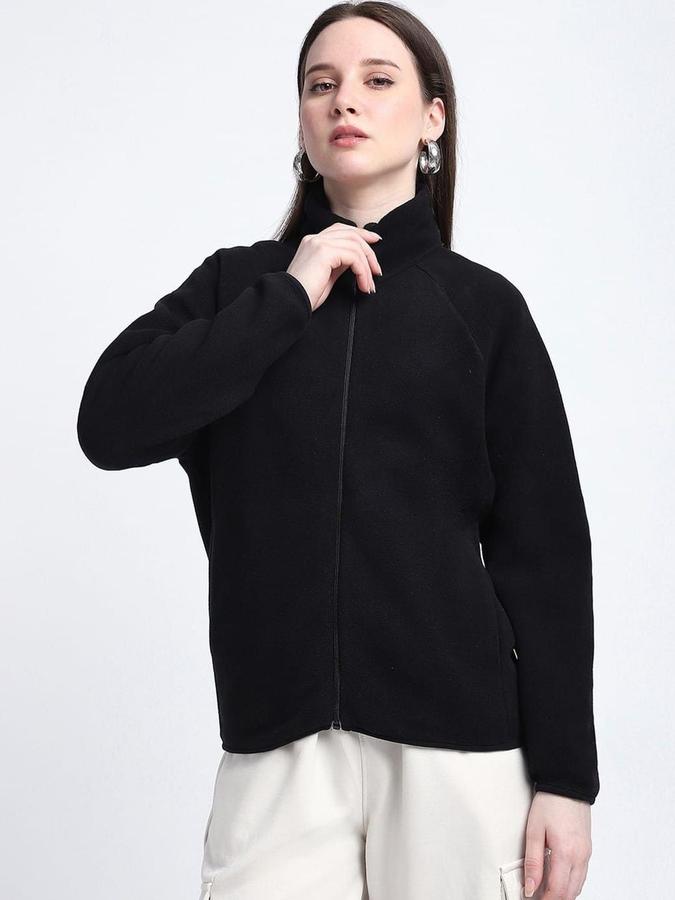 R&B Women Black Long Sleeves Solid High Neck Zipper Jacket