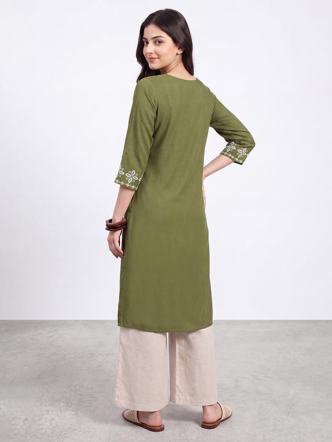 R&B Womens Olive Three-Quarter Sleeves Round Neck Floral Embroidery Straight Kurta