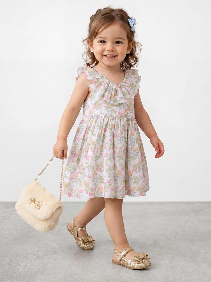 R&B Girl White Floral Butterfy Print Pure Cotton Sleeveless Fit and Flare Dress