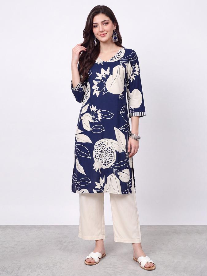 R&B Womens Navy Blue Three-Quarter Sleeves V Neck Floral Printed Straight Kurta