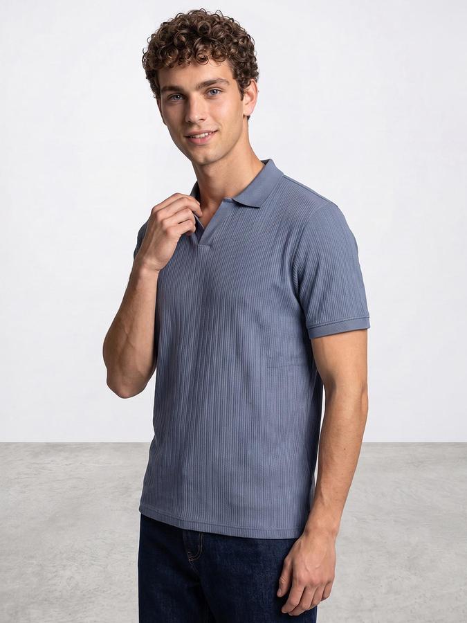 R&B Men Blue Textured Short Sleeves Polo Collar T-Shirt