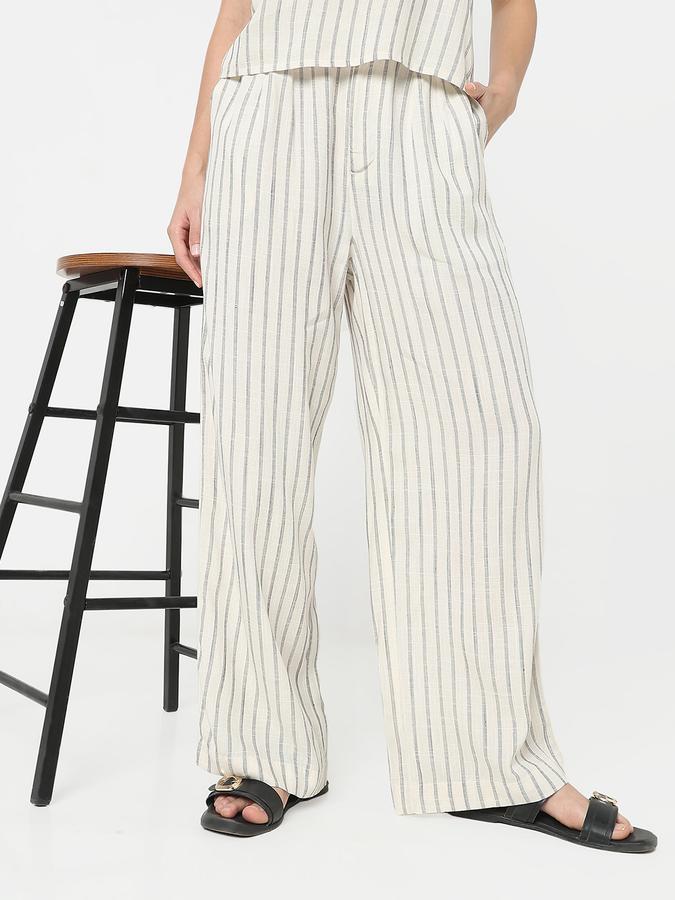 Women Linen Blend Wide Leg High Rise Pleated Trousers