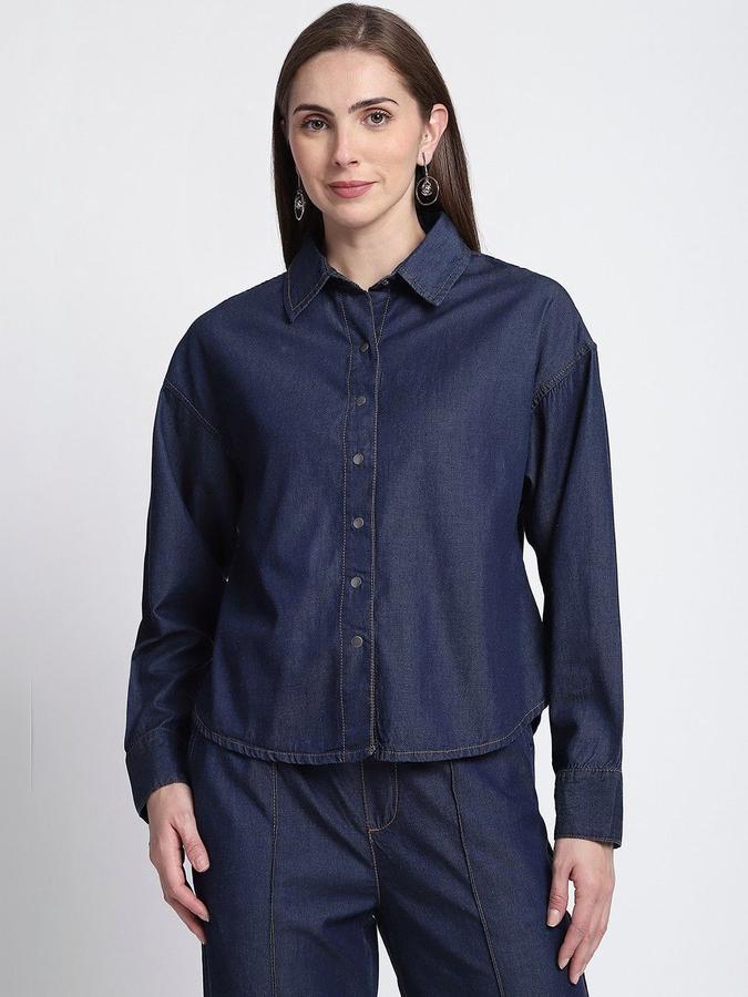 R&B Women Dark Blue Solid Long Sleeves Shirt 