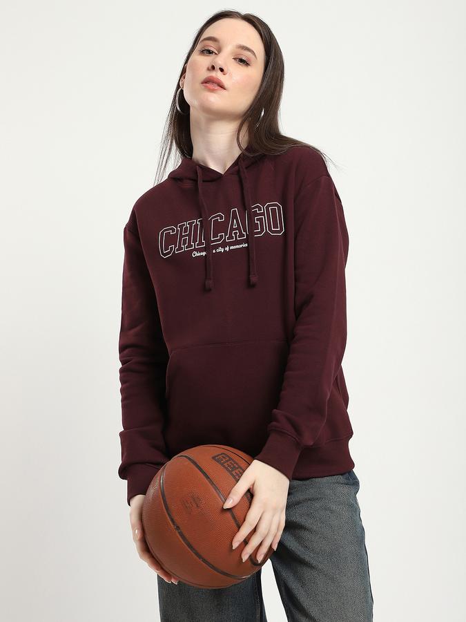 Women Fleece Relaxed Fit Hooded Typographic Sweatshirt