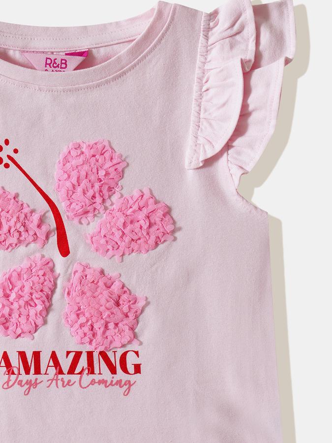 Girls Cotton Blend Regular Fit Crew Neck Ruffle Graphic Top