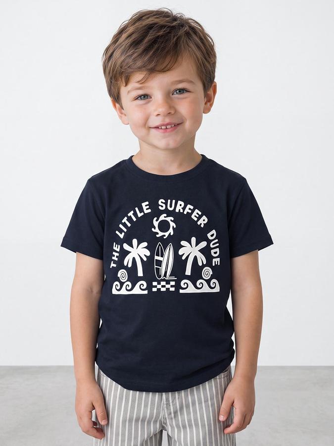 R&B Boys Navy Blue Beach Print Short Sleeves Round Neck Pure Cotton T-Shirt