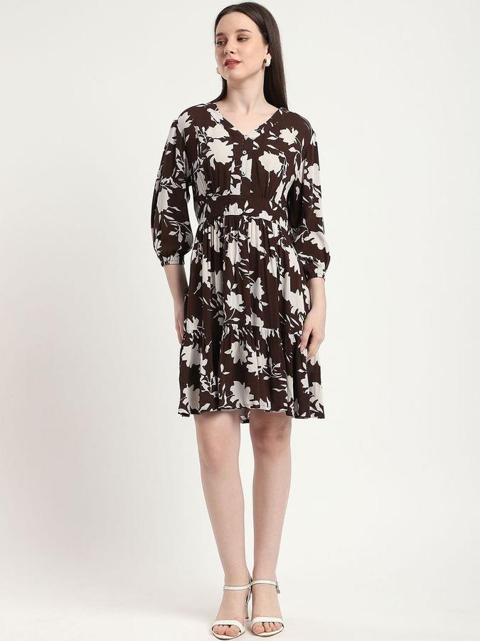 R&B Women Brown Floral Three-Quarter Sleeves V-Neck Mini Fit &amp; Flare Dress