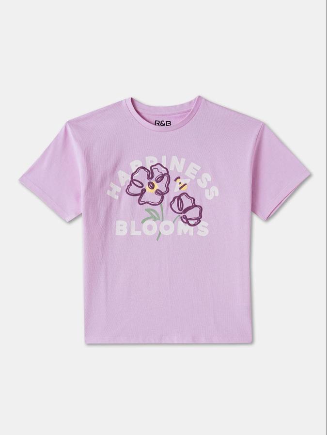 R&B Purple Cotton Round Neck Printed Girl T-Shirt