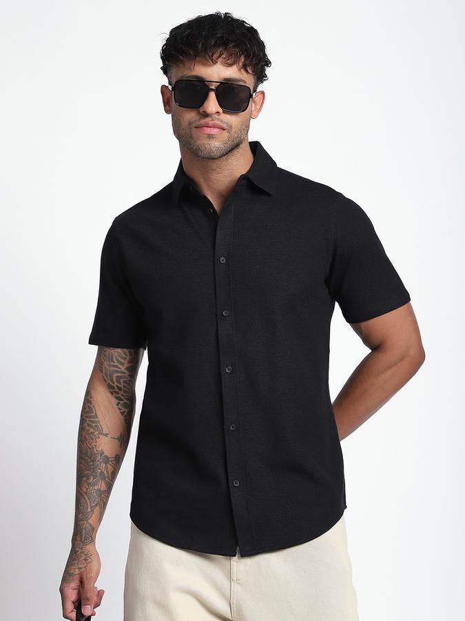 Men Cotton Blend Slim Fit Point Collar Textured Shirt