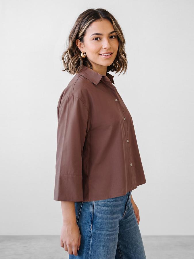 R&B Women Brown Solid Shirt Collar Long Sleeves Shirt Style Top