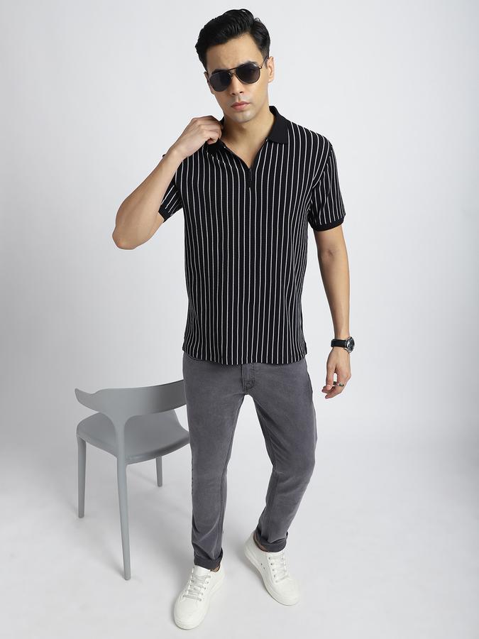 Men Cotton Blend Regular Fit Polo Neck Striped T-shirt