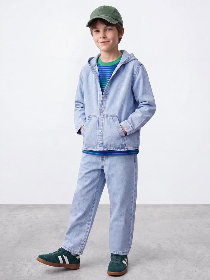 R&B Boys Light Blue Solid Hooded Long Sleeves Denim Shirt