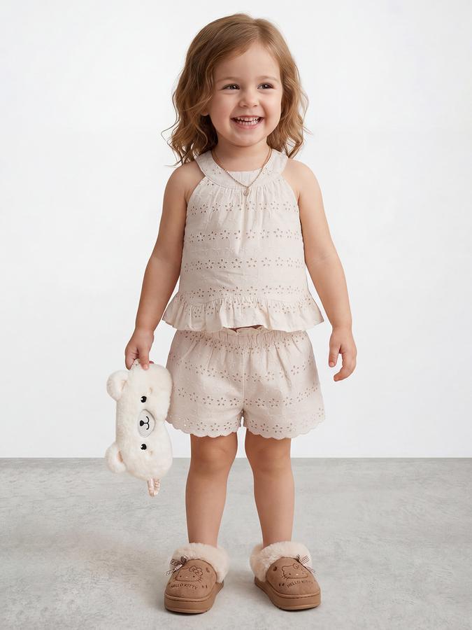 R&B Girl Beige Self Design Cotton Blend Sleeveless Clothing Set