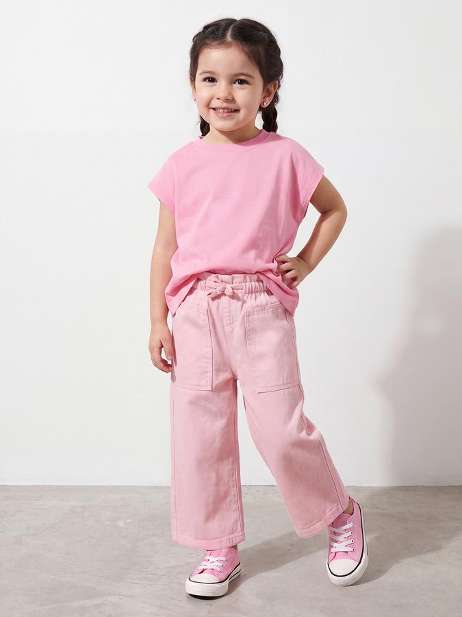 R&B Girls Pink Solid Pure Cotton Wide Leg Mid Rise Trousers