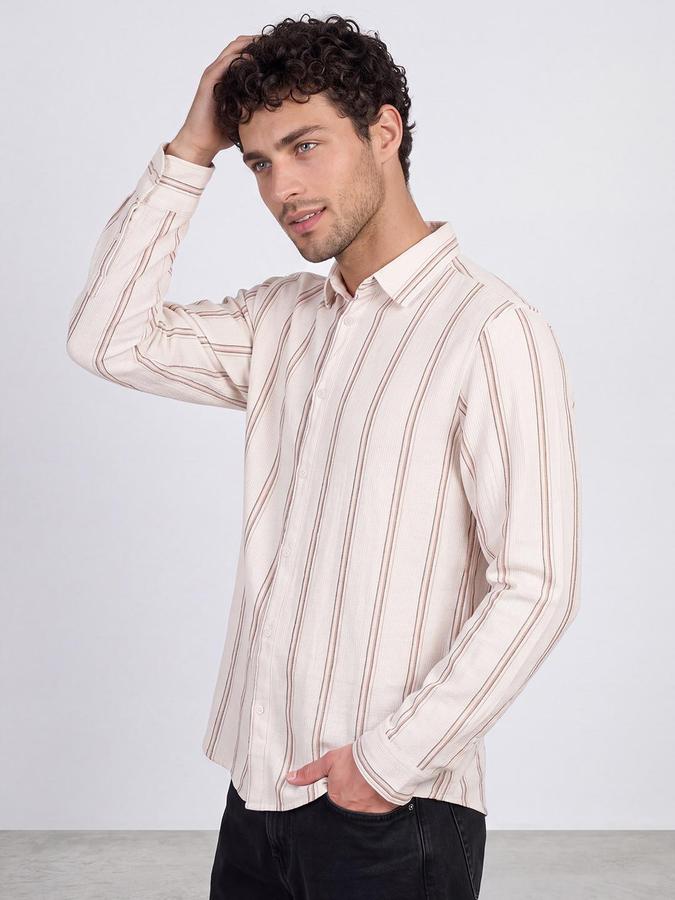 R&B Men Cream Vertical Stripes Long Sleeves Regular Fit Shirt