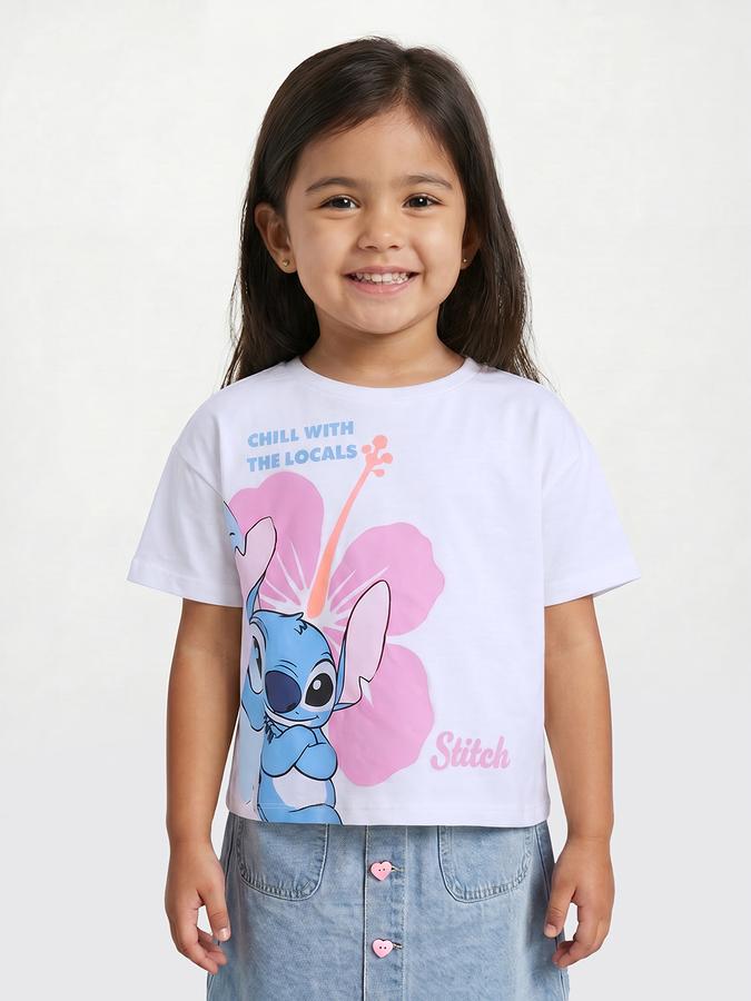 R&B Girls White Regular Fit Stitch Printed Short Sleeve T-shirt