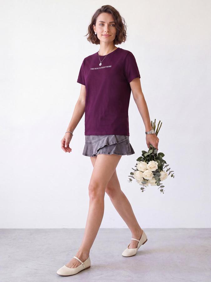 R&B Women Purple Short Sleeve Round Neck Typography Graphic Print T-Shirt