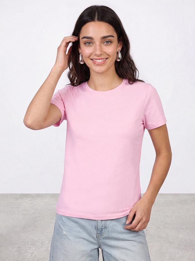 R&B Women Baby Pink Solid Short Sleeves Soft Touch Tshirt