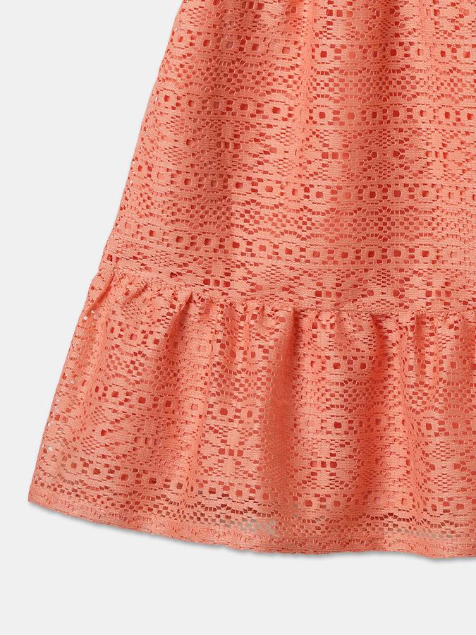 Girls Lace Ruffled Short Sleeve Boat Neck Regular Peach Dress