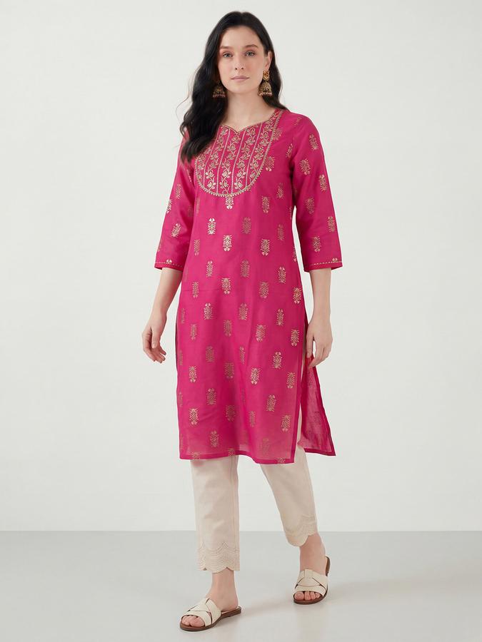 R&B Women's Maroon Embroidered Viscose Round Neck Kurta
