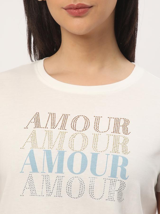 Women Cotton Regular Fit Round Neck Embellished T-shirt