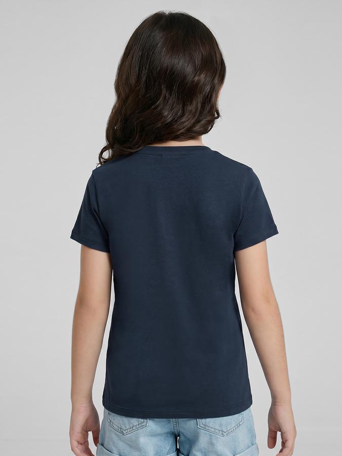 R&B Navy Blue Graphic Print Girls Round Neck Regular Fit Short Sleeves T-Shirt 