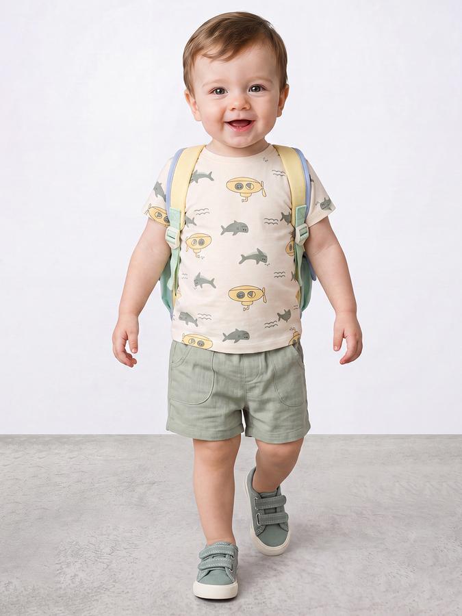 R&B Boys Light Beige Graphic Print Short Sleeves Tshirt