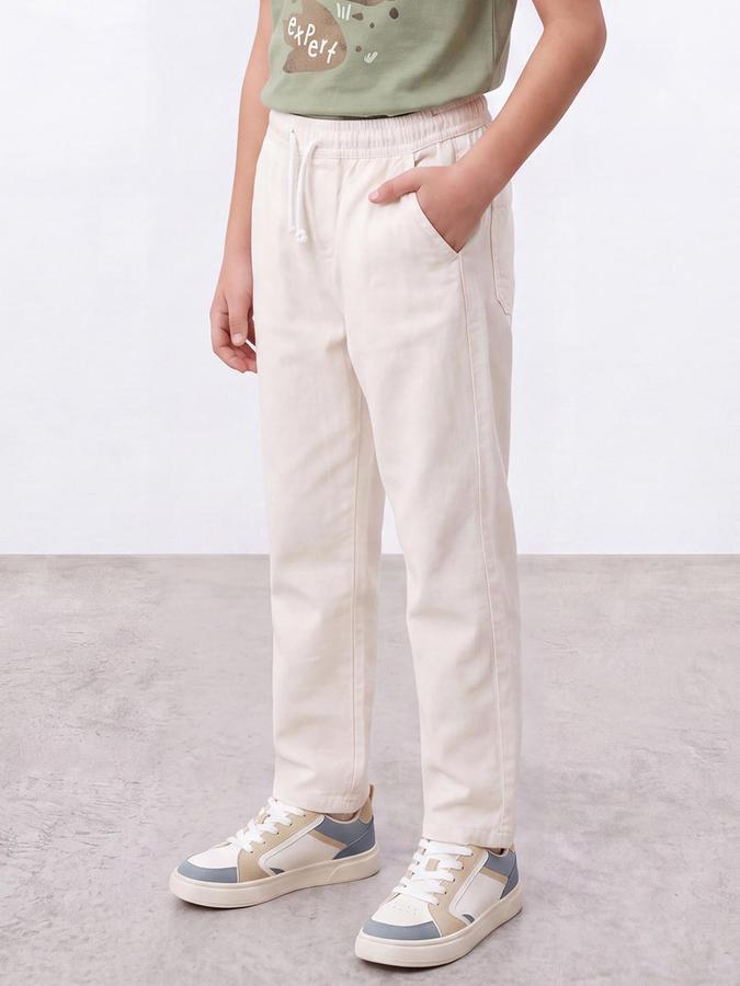 R&B Boys Ivory Solid Pure Cotton Trousers with Drawstring Waist